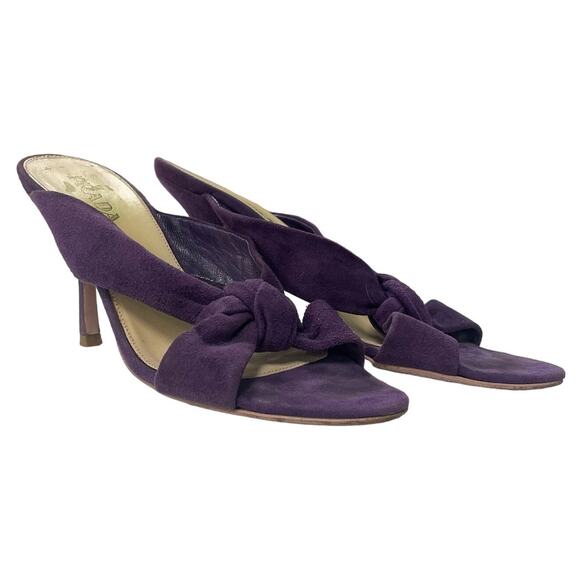 Prada Viola Purple Calzatore Donna Knot Open Toe Suede Heels Womens 35.5 US 5.5 - Picture 1 of 7